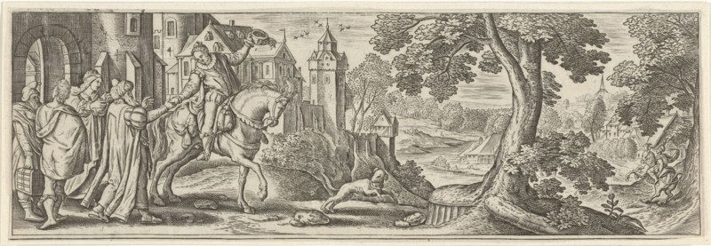 The prodigal son says goodbye to his parents, Julius Goltzius, Hans Bol, Claes Jansz. Visscher (II), c. 1560 - 1595