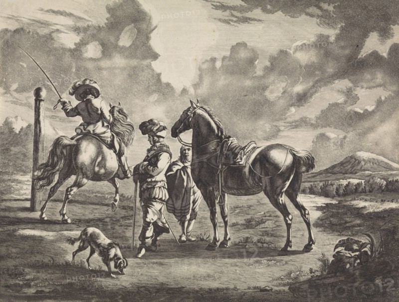 Landscape with two horses, Jan de Visscher, Pieter Schenk (I), 1675 - 1711