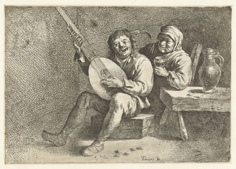 Lute Player and old woman, David Teniers II possibly, print maker: Cornelis Pietersz. Bega, 1642 - 1664