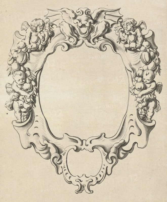 Cartouche with lobe ornament with four angels, Pieter Hendricksz. Schut, Gerbrand van den Eeckhout, Nicolaes Visscher (I), 1655