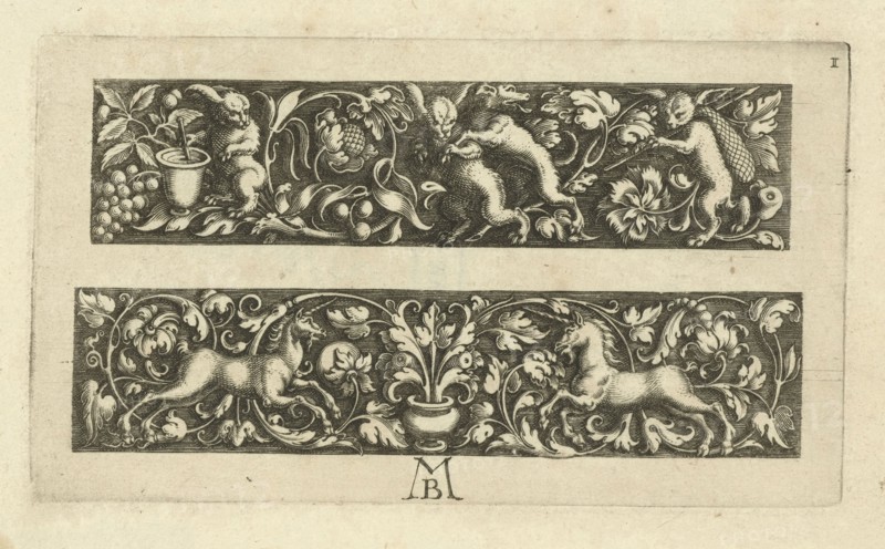 Two friezes, the top with three hares, Michael le Blon, c. 1611 - c. 1625