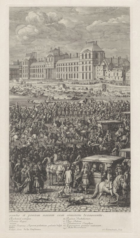Rear Guard of the procession of King Louis XIV of France on the Pont-Neuf, Jan van Huchtenburg, Adam Frans van der Meulen, 1667 - 1669