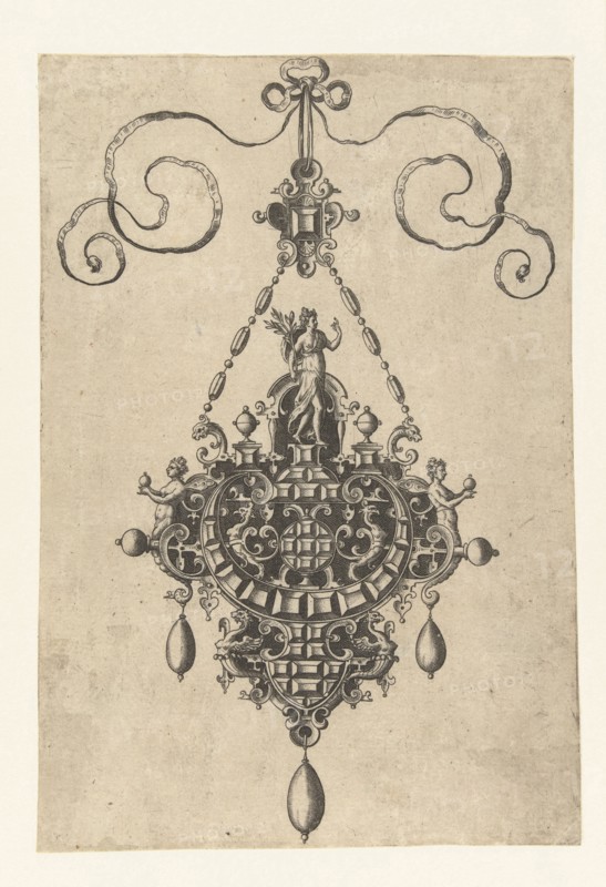 Pendant which a goddess with laurel, Anonymous, Hans Collaert (I), Philips Galle, 1581