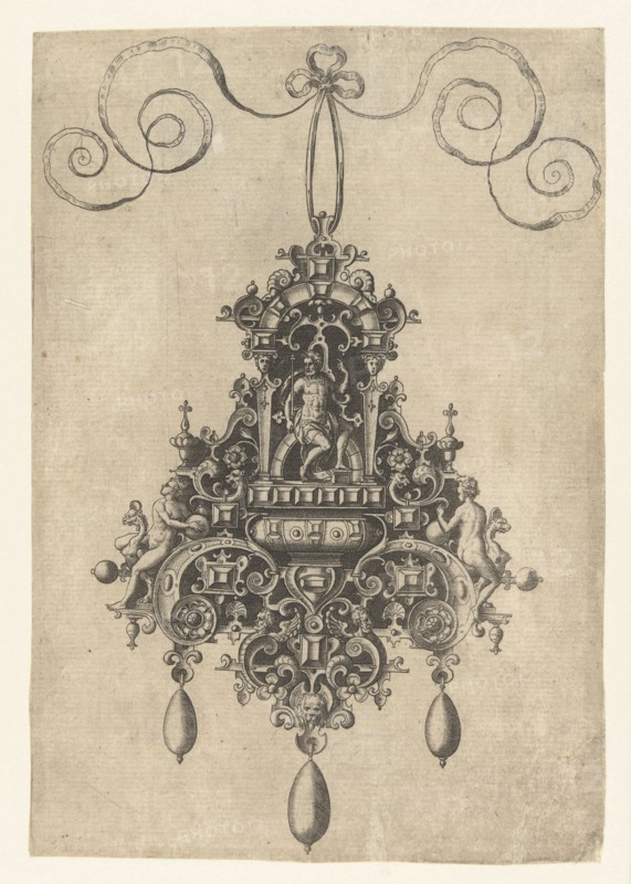 Hanger with armored seated deity, print maker: Anonymous, Hans Collaert I, Philips Galle, 1581