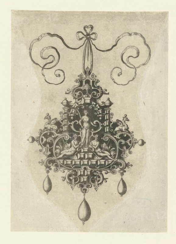 Pendant with in the middle a peace goddess with palm branch, Anonymous, Hans Collaert I, Philips Galle, 1581