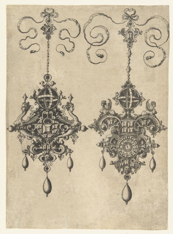 Two pendants with sundial, Anonymous, Hans Collaert (I), Philips Galle, 1581