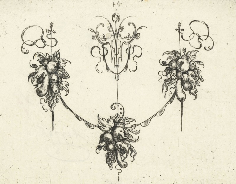 Garland with three bouquets of fruit, Michiel le Blon, print maker: Anonymous, Balthasar Caymox, after 1611 - 1635