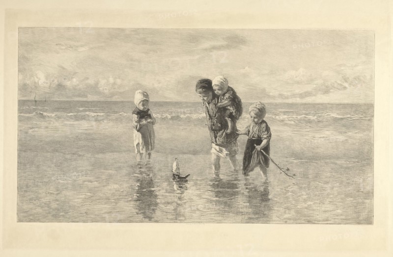 Four children playing with toy boat on the beach in shallow seawater, Carel Lodewijk Dake, A. Salmon & Ardail, Frans Buffa en Zonen, 1890