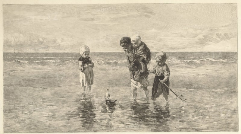 Four children playing with toy boat on the beach in shallow seawater, Carel Lodewijk Dake, 1888-1892