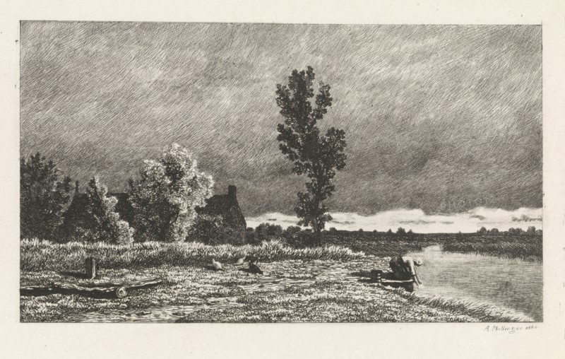 Landscape with a woman who does the laundry, print maker: Alexander Mollinger, 1860