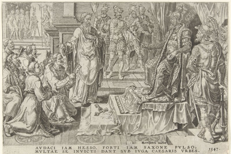 Submission of six German cities, 1547, print maker: Dirck Volckertsz Coornhert, Maarten van Heemskerck, weduwe Hieronymus Cock possibly, 1555 - 1556 and or 1570 - 1640