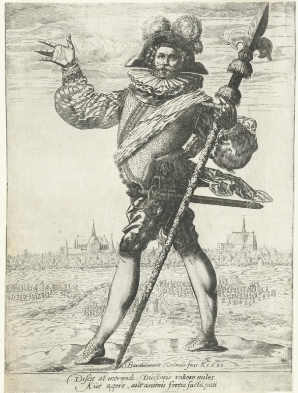 Army captain with lance before a besieged city, Bartholomew Willemsz. Dolendo, 1590