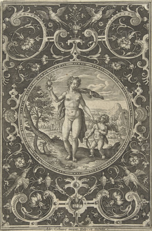 Medallion which Venus with the Paris Apple in her hand and Amor by her side, print maker: Adriaen Collaert, 1570 - 1618