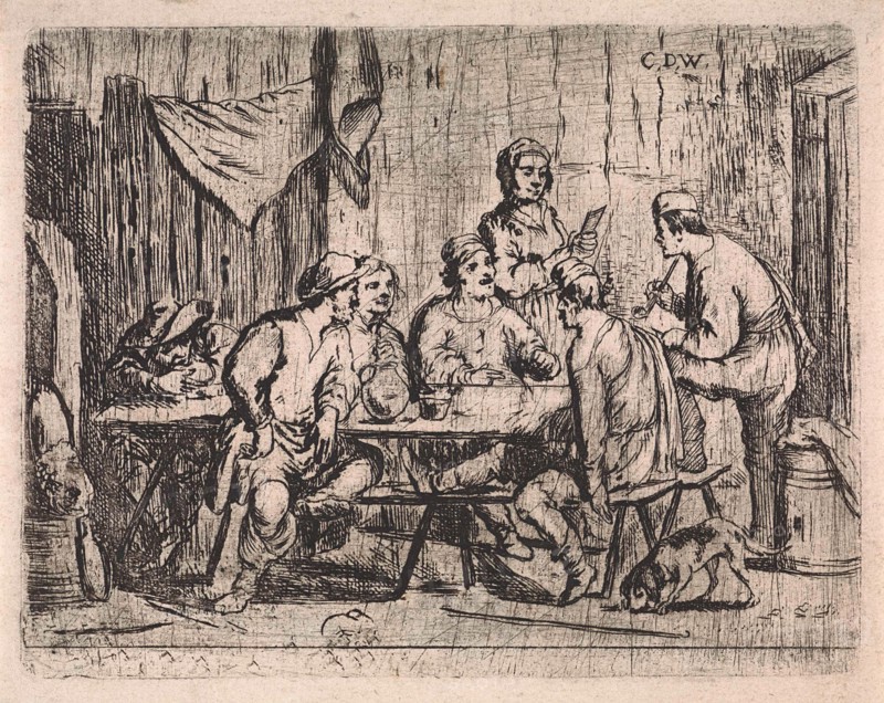 Six farmers and innkeeper in inn, print maker: Cornelis de Wael, 1630 - 1648