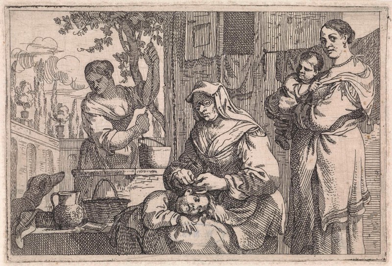 Old woman delouses a child, Jan Baptist de Wael, 1642 - 1669