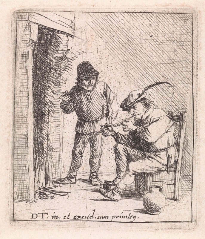 Two farmers in the fireplace, David Teniers (II), Anonymous, 1626 - 1690