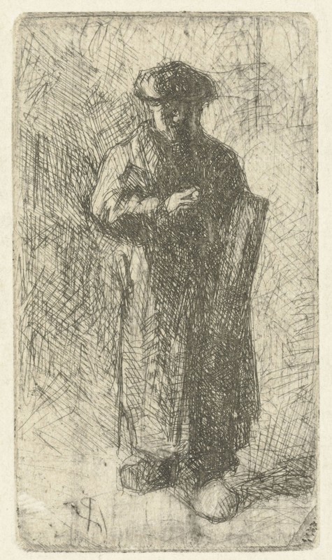 Artist on clogs with art folder under his arm, print maker: Bernardus Johannes Blommers, 1855 - 1914