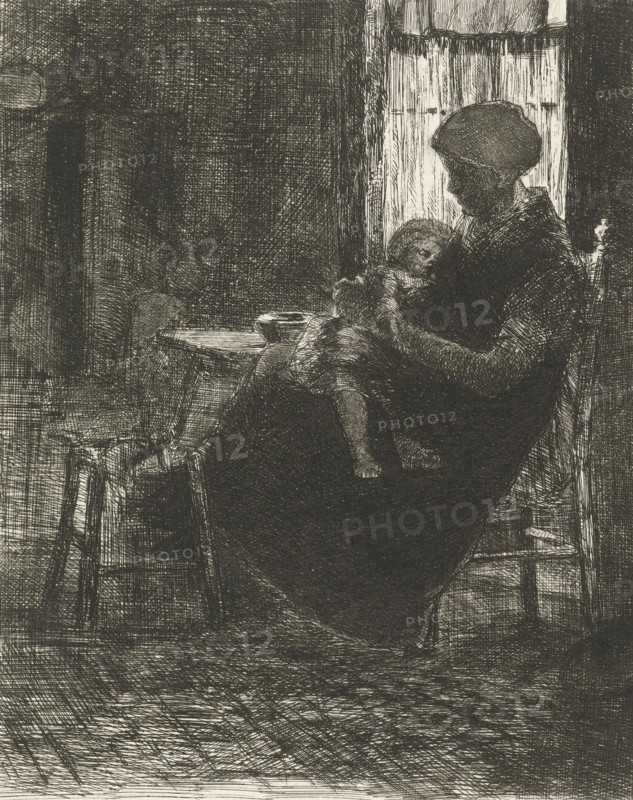 Woman with a sleeping child on her lap asleep near a window, Bernardus Johannes Blommers, 1855 - 1914