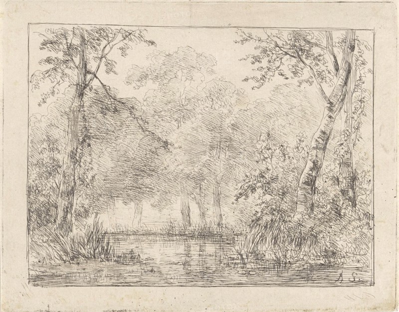 Forest scene with pond, Andreas Schelfhout, 1852