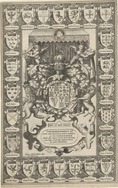 Arms of England, surrounded by weapons, Jodocus Hondius (I), 1614