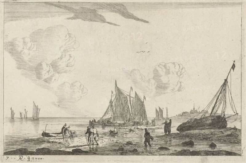 Beach with a sailing ship drawn on the sand, print maker: Reinier Nooms, 1654 - 1658
