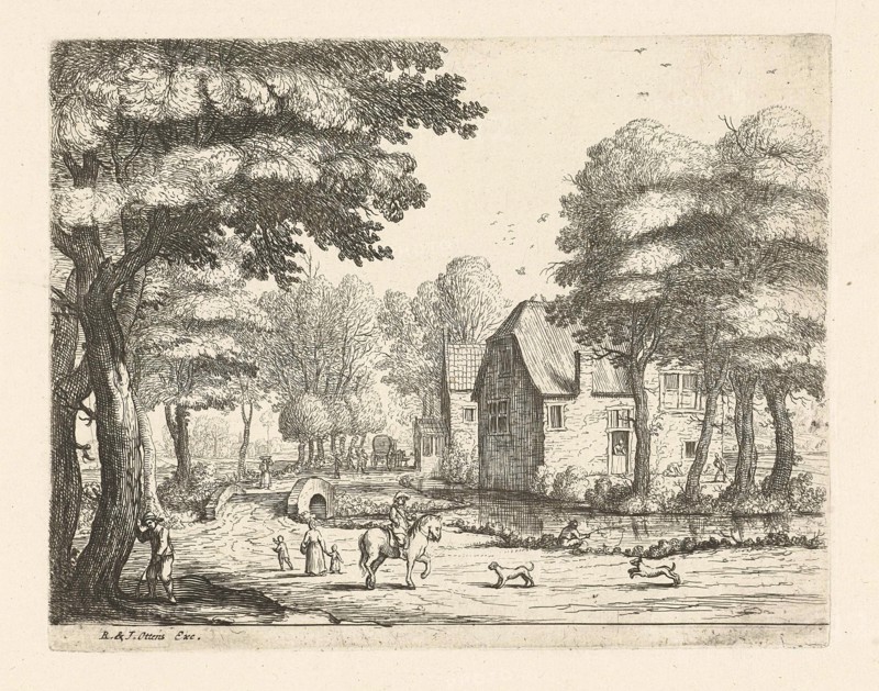 Village street with stone bridge, Jan van Goyen, Reinier & Josua Ottens, 1640 - 1679
