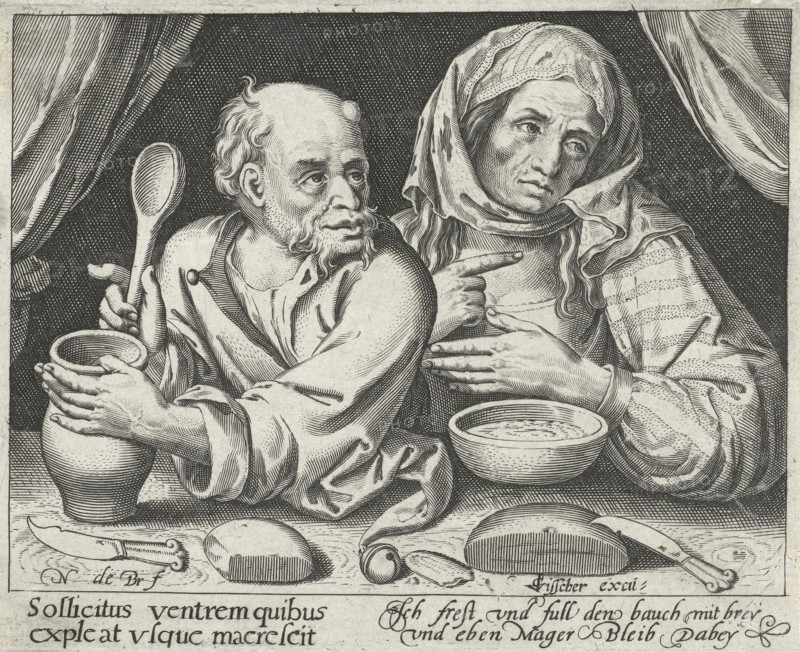 Man and woman eating porridge, Nicolaes de Bruyn, Claes Jansz. Visscher (II), 1581 - 1656
