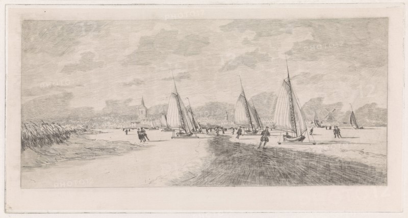 Frozen river with skaters and ice sailing, Elias Stark, 1859 - 1891