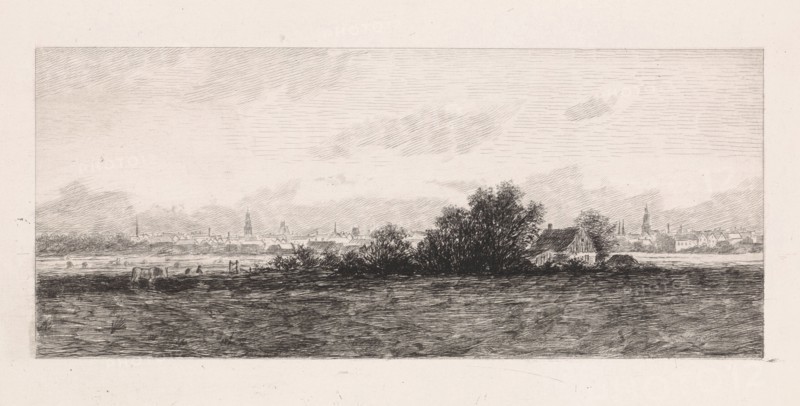 Cityscape with meadows in the foreground, Elias Stark, 1859-1891