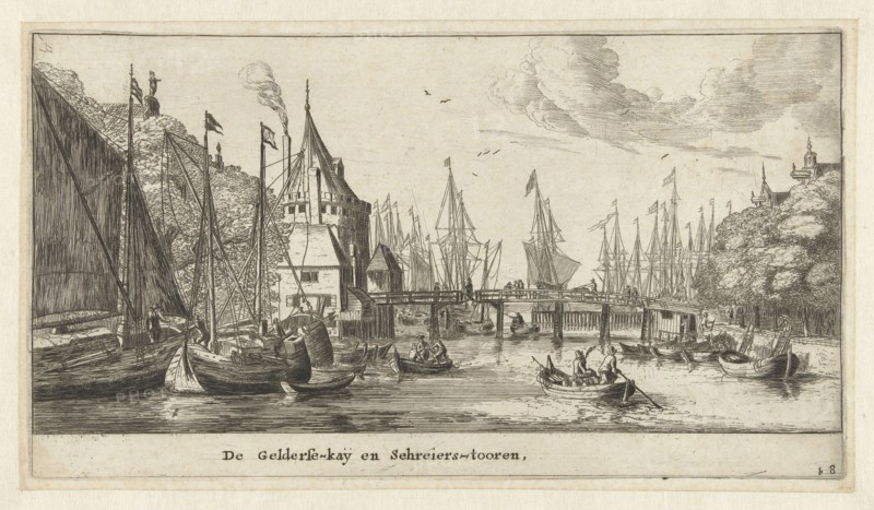 The Geldersekade and the Schreierstoren Amsterdam, The Netherlands, print maker: Reinier Nooms, Cornelis Danckerts I possibly, 1652 - 1654