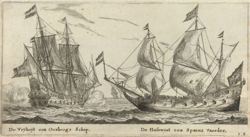 The ships Freedom and The Greyhound, print maker: Reinier Nooms, Cornelis Danckerts I possibly, 1652 - 1654