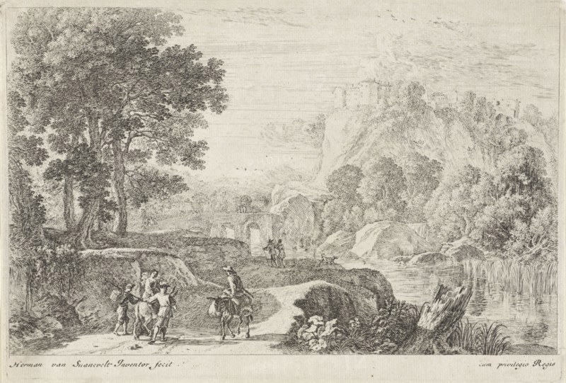 Travellers on a donkey, print maker: Herman van Swanevelt, 1650 - 1705