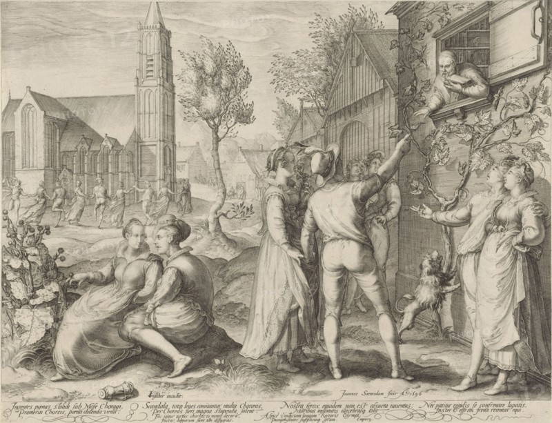 Young couples having fun and ignore the warnings of a scholar, Jan Saenredam, 1596