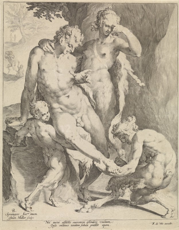 Oreaden removing a thorn from the foot of a satyr, Jan Harmensz. Muller, Frederik de Wit, 1640 - 1706