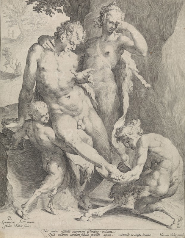 Oreaden removing a thorn from the foot of a satyr, Jan Harmensz. Muller, Clement de Jonghe, Harmen Jansz Muller, 1640 - 1670