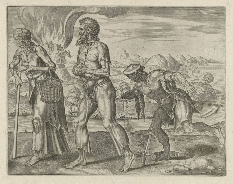 Poverty and violent death can strike down a human being, print maker: Philips Galle, 1563