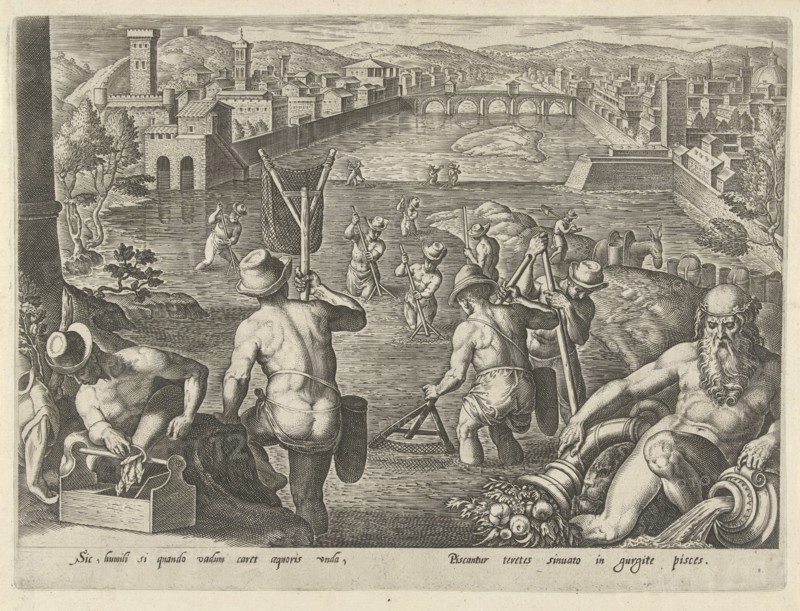 Fishing with landing net, Philips Galle, Jan van der Straet, 1578