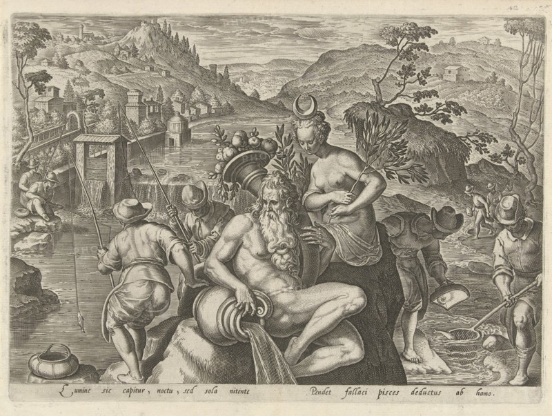 Nocturnal fishing with a rod, Philips Galle, Jan van der Straet, 1578