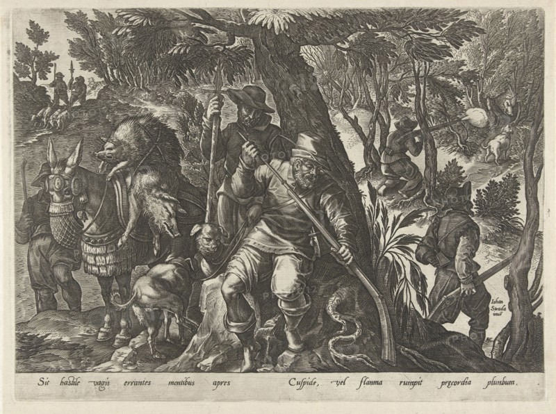 Boar Hunting with guns, Philips Galle, 1578