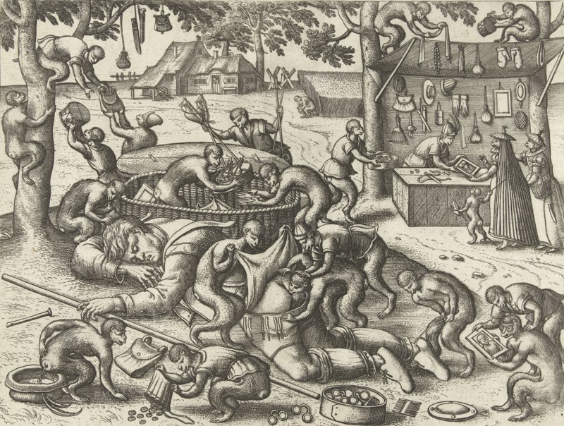 Sleeping peddler robbed by monkeys, Pieter van der Borcht I, Pieter Brueghel I, after 1562-1608