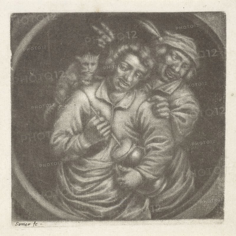 Rommelpotspeler, friction drum player, with a cat, Jan van Somer, Adriaen Brouwer, 1655 - 1700