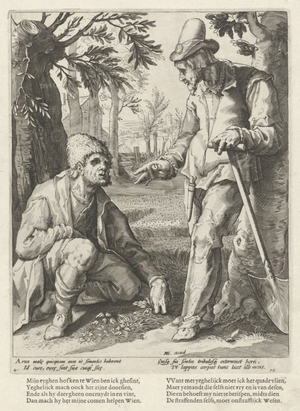 Two farmers in conversation, Hendrick Goltzius, Franco Estius, 1588 - 1592