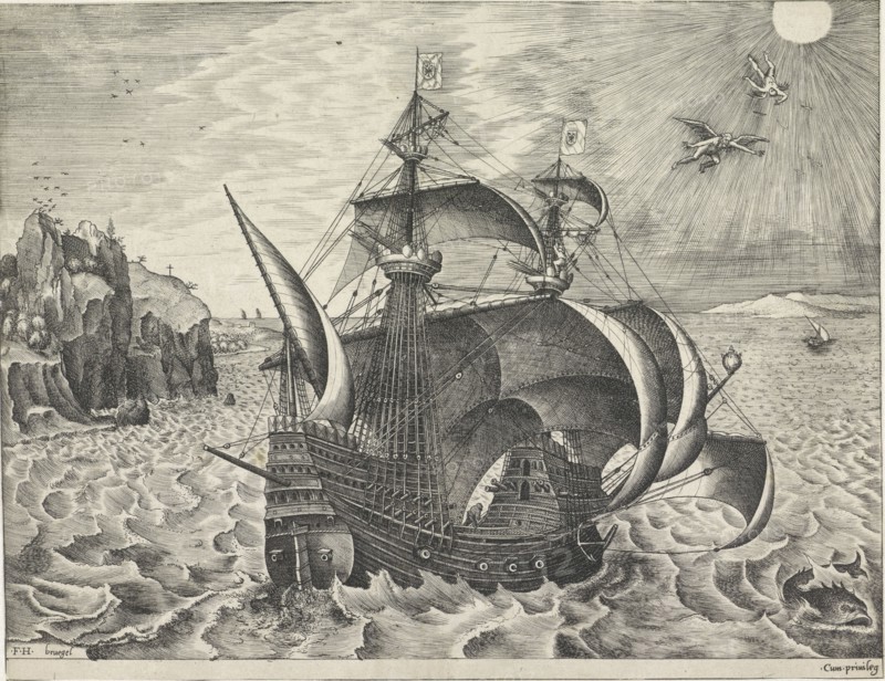 Sailing ship with the Fall of Icarus, Frans Huys, unknown, 1561-1565