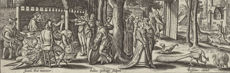 The prodigal son squanders his money, Julius Goltzius, Claes Jansz. Visscher (II), c. 1560 - 1595