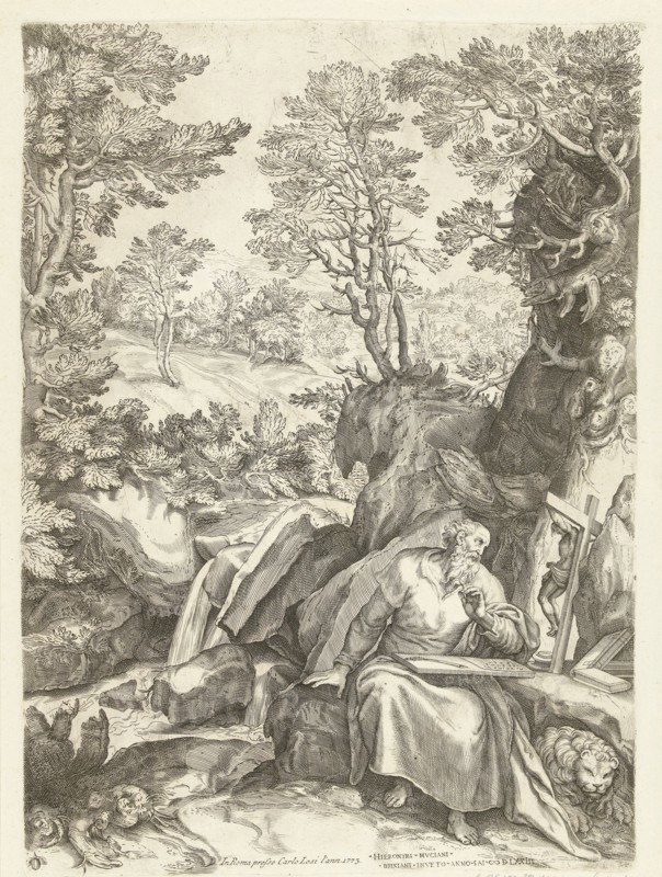 Landscape with St. Jerome who translates the Bible, Cornelis Cort, Carlo Losi, 1573