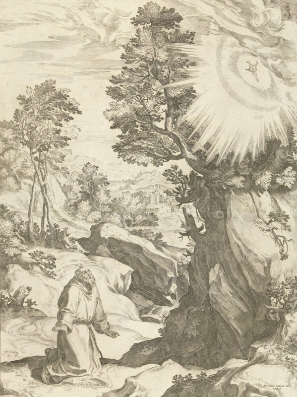 Landscape with vision of St. Francis of Assisi, print maker: Cornelis Cort, Girolamo Muziano, Carlo Losi, 1575 and or 1774