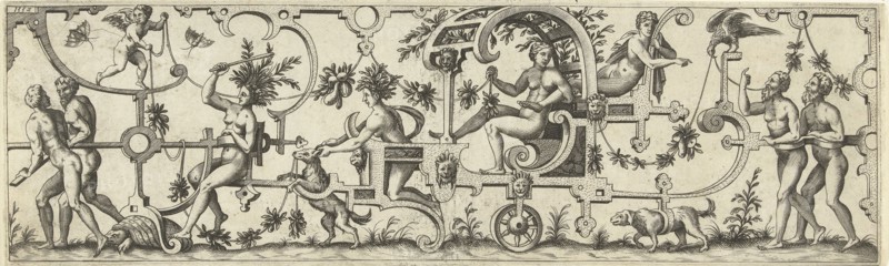 Chariot with a woman, pulled by two men, a turtle and a dog