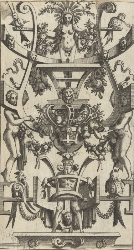 Scrolling with a fruit basket in the middle, Anonymous, Cornelis Bos, 1550
