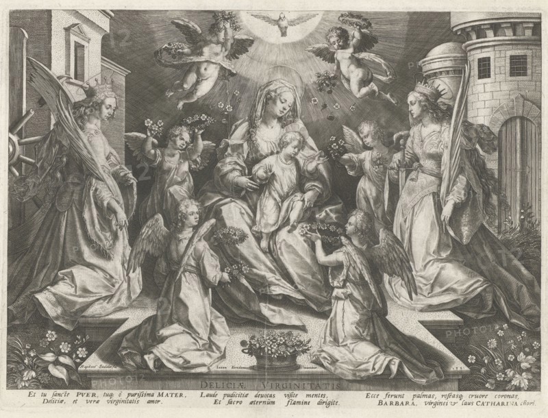 Veneration of Mary with the Christ Child with St. Catherine of Alexandria and Barbara H, RaphaÃ«l Sadeler (I), 1591