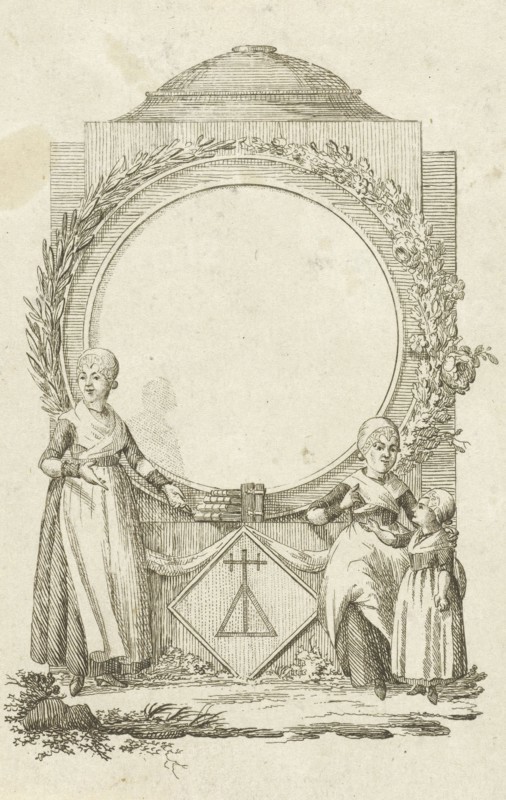 Vignette with women and girl with medallion, print maker: Rienk Jelgerhuis, 1744 - 1806